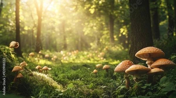 Fototapeta Captivating forest scene with a variety of mushrooms and soft sunlight filtering through trees, leaving a clear space for text.
