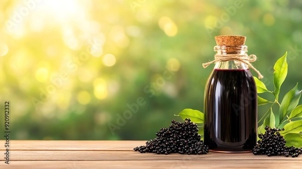 Obraz Elegant bottle of dark vinegar with blackcurrants and fresh leaves, set against a soft, illuminated nature background.
