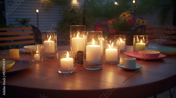 Fototapeta Outdoor evening gathering with candles in the holders on a patio table, adding to the ambiance. 