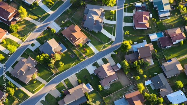 Fototapeta Aerial Perspective of a Varied Neighborhood Highlighting Property Value and the Ramifications of Property Taxes on Diverse Housing.