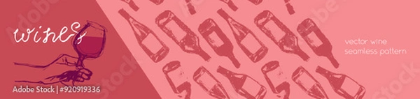 Fototapeta Template wine banner featuring a seamless pattern of red wine bottles. Hand-drawn vector illustrations of red and white wine. Winery web banner design with a grape alcohol pattern.