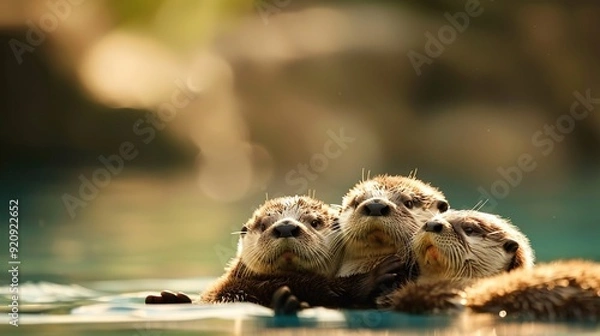 Fototapeta Adorable Baby Otter Floating on Back Holding Hands with Mother in a Heartwarming Moment of togetherness.