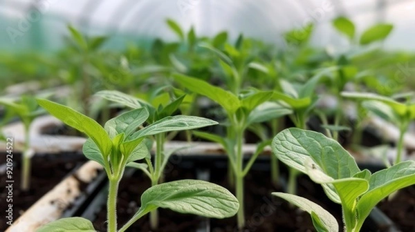 Fototapeta Thriving Young Seedlings in Greenhouse - Agriculture Concept Showing Healthy Plant Growth and Transplantation Preparation