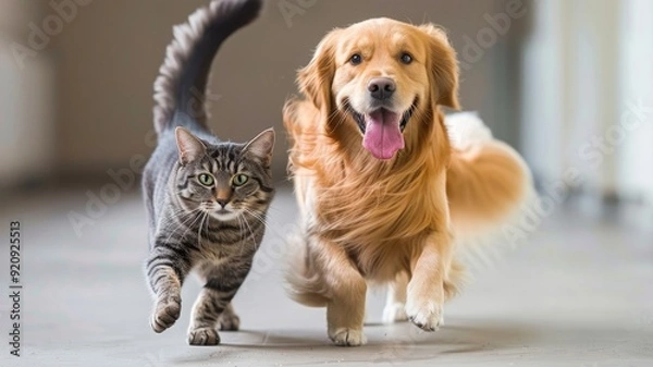 Fototapeta A dog and cat playfully running through a hallway, with the cat leading the way and the dog following close behind