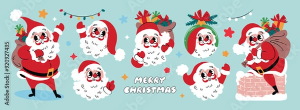 Fototapeta Christmas cartoon characters and elements. Cute Santa Claus  collectiont. Holidays greeting for design, poster, print, background.