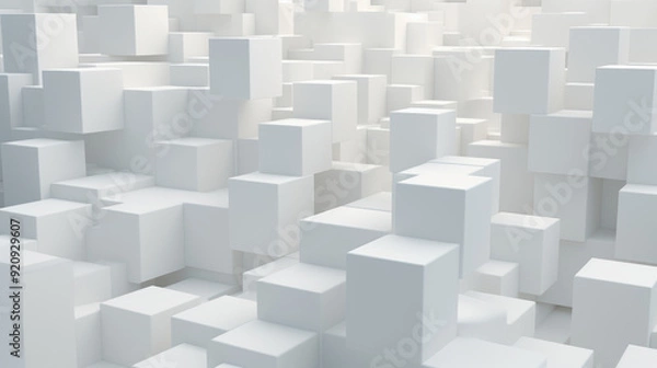 Obraz Cube background. Vast array of white cubes of different sizes, arranged in a random pattern. Minimalist color scheme and geometric pattern.