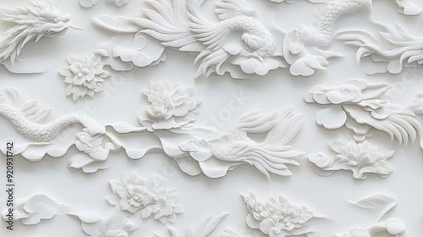 Fototapeta Relief artwork depicts dragons and phoenixes with intricate details surrounded by auspicious clouds on a subtle light gray wall SEAMLESS PATTERN