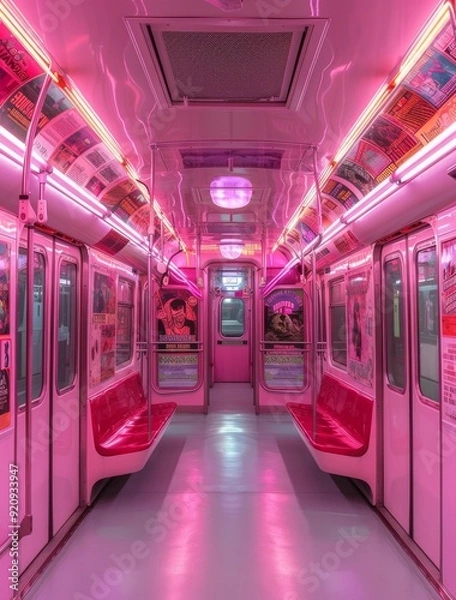 Fototapeta Empty pink subway car with neon lights and white walls