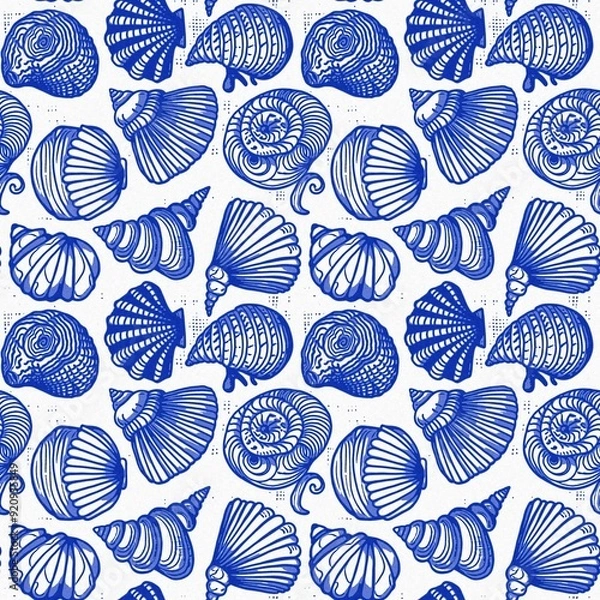 Obraz Azure blue white shell motif with linen seamless batik background, Modern coastal beach cottage rustic shell block print home decor pattern design in sealife beach style.