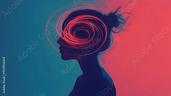 Obraz A silhouette of a person with an infinite loop inside their head, symbolizing repetitive, cyclical thoughts or anxiety.


