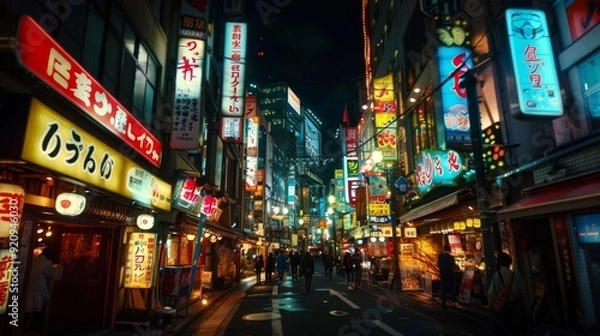 Fototapeta A city street at night, illuminated by the glow of neon signs and streetlights.