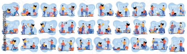 Fototapeta Bundle of stylish concepts with people scene in flat cartoon design. The topics of these illustrations include business, traveling, hobby, earning and more on a blue background. Vector illustration.