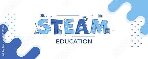 Obraz Vector banner dedicated to school education depicts the word STEAM, and each letter of this word refers to a specific subject. Banner Back to School. Icons of different school subjects
