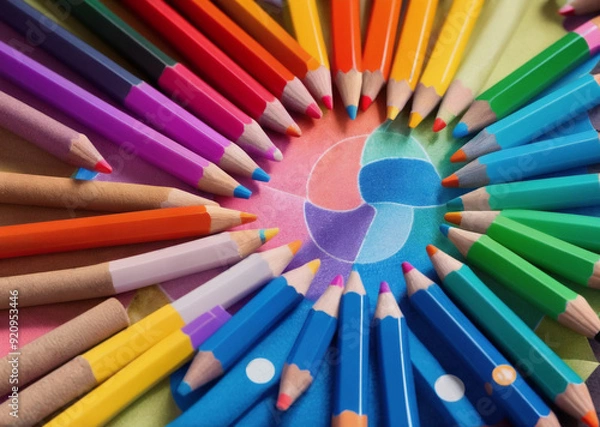 Obraz Colored pencils. Back to school concept. Stationery composition.