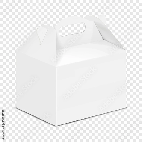 Fototapeta Gable box isolated on transparent background. 3d mockup. White blank carton packaging. Realistic vector mock-up. Cardboard gift bag with handle. Template for design