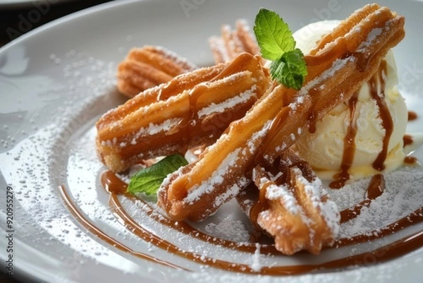 Obraz Churros.Traditional Mexican dessert.A decadent dessert plate with churros served alongside a scoop of vanilla ice cream, drizzled with caramel sauce and garnished with fresh mint leaves