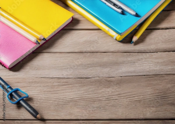 Obraz Colored pencils on a wooden table. Back to school concept. Stationery composition.