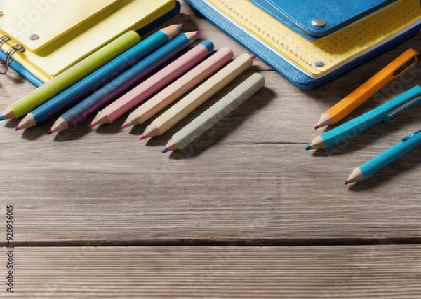 Obraz Colored pencils on a wooden table. Back to school concept. Stationery composition.