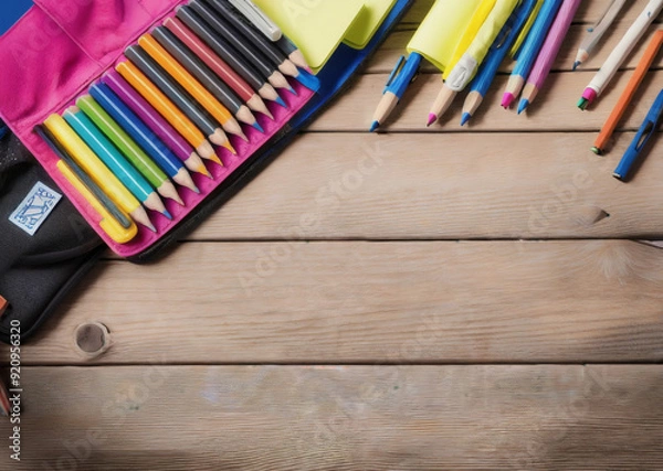 Obraz Colored pencils on a wooden table. Back to school concept. Stationery composition.