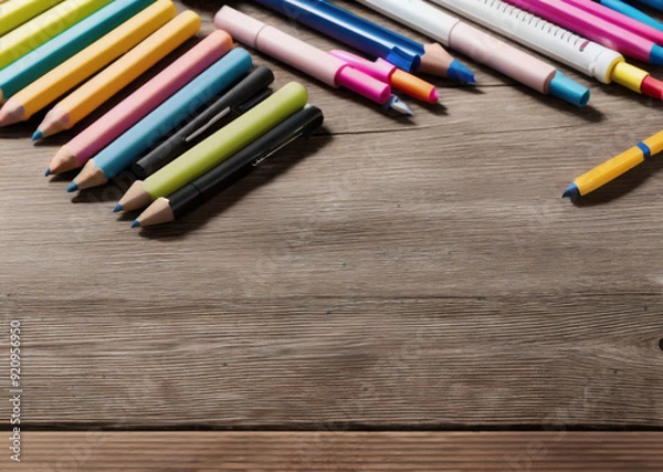 Obraz Colored pencils on a wooden table. Back to school concept. Stationery composition.