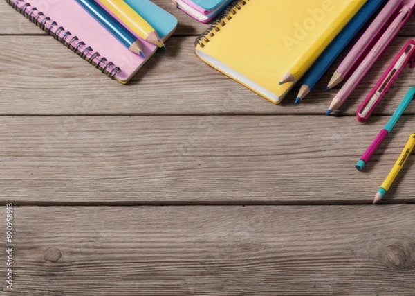 Obraz Colored pencils on a wooden table. Back to school concept. Stationery composition.
