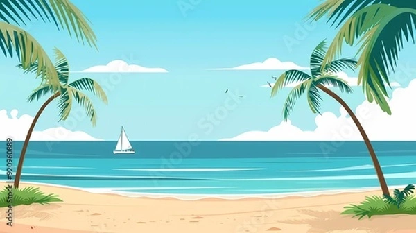 Obraz flat vector illustration of a beach with palm trees and the sea, using simple shapes, on a simple flat background