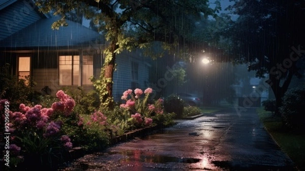 Fototapeta Rain falls on a quiet street at night, illuminating a house with warm light and reflecting in puddles.