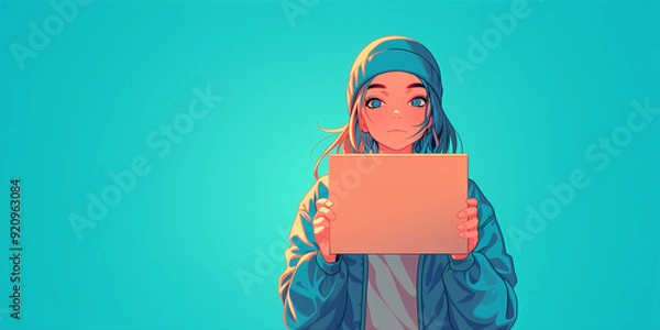 Fototapeta Banner with delivery woman in blue hat and blue jacket carry package for ship service. Isolated on blue background. Concept for logistic company, brand, ecommerce, mobile app. 