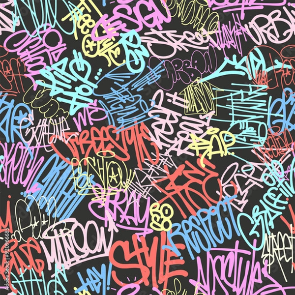 Fototapeta Graffity wall tags seamless pattern, graffiti street art.