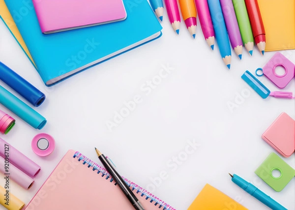 Obraz Stationery composition on white background. Back to school office work college educational institution concept.