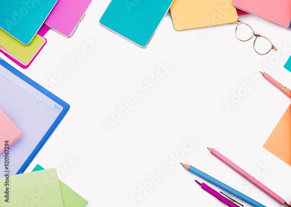Obraz Stationery composition on white background. Back to school office work college educational institution concept.
