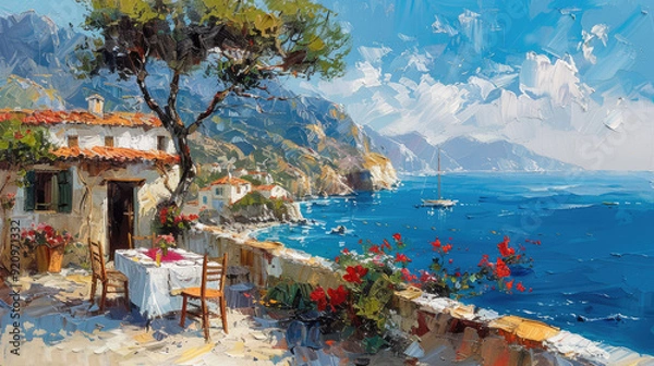Obraz Small restaurant on the Mediterranean Sea, oil painting style, summer seascape
