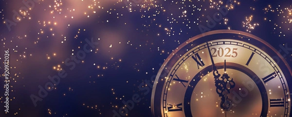 Obraz happy new year 2025 countdown clock on abstract glittering midnight sky with copy space, festive party invitation card concept for new years eve