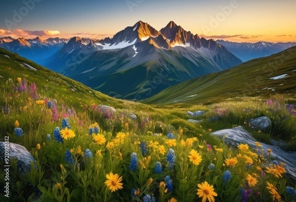 Fototapeta breathtaking landscape featuring majestic mountain summits under clear blue sky lush green valleys vibrant wildflowers, adventure, backdrop, beautiful