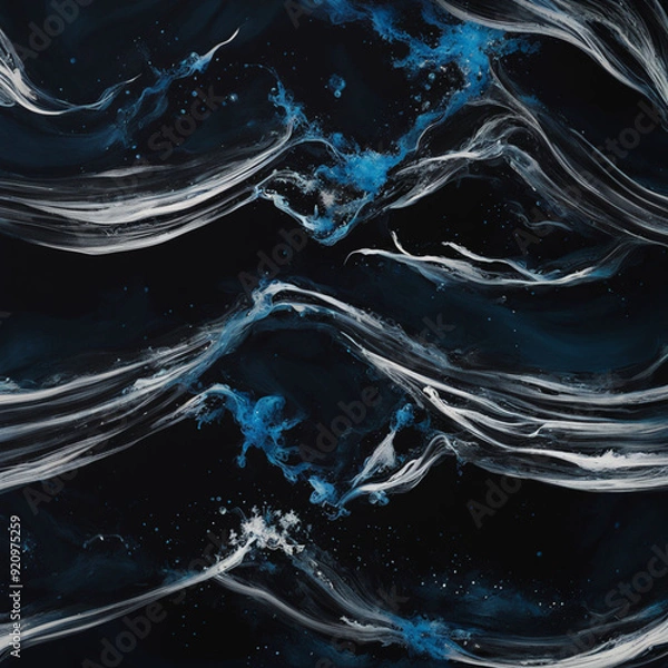 Fototapeta Abstract aesthetic black background with splashes of blue and white ink forming a current of waves | Variant 3