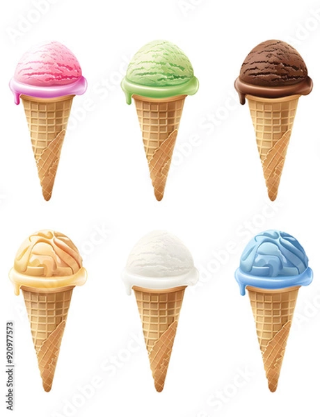 Obraz set of different colored vanilla cone ice cream Isolated on a white background.