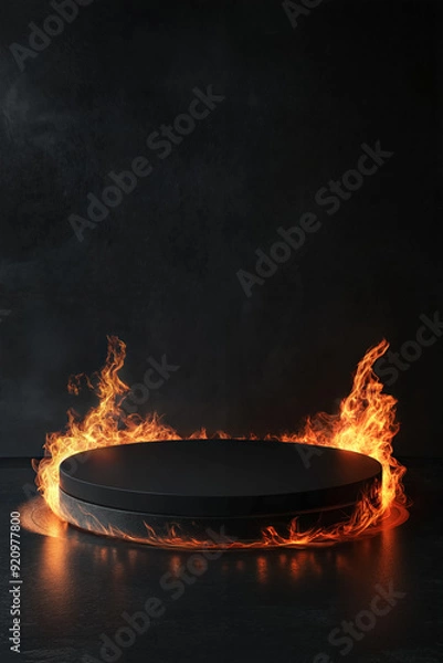 Obraz Empty black round product display podium surrounded by flame against dark wall 