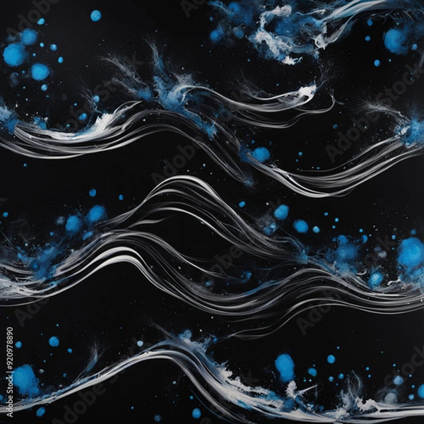 Fototapeta Abstract aesthetic black background with splashes of blue and white ink forming a current of waves | Variant 5