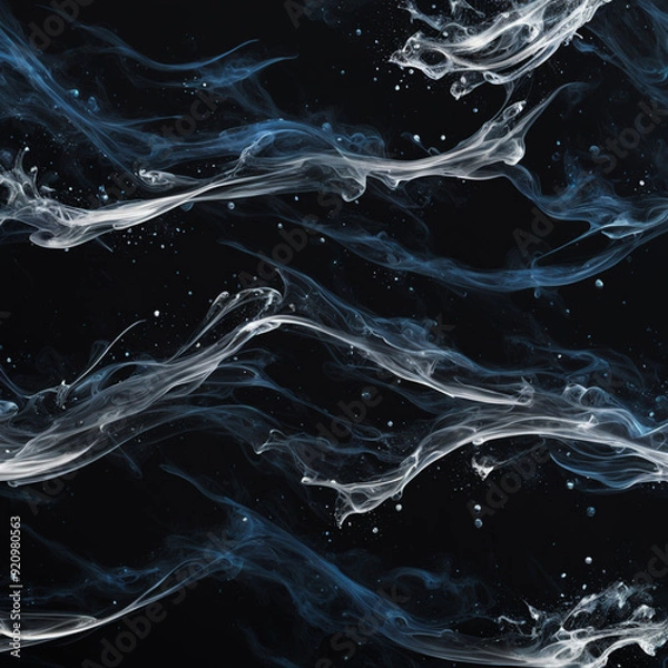 Fototapeta Abstract aesthetic black background with splashes of blue and white ink forming a current of waves | Variant 6