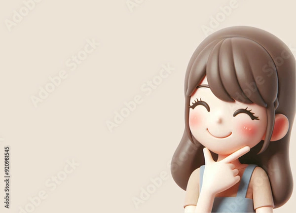 Fototapeta Japanese cartoon character, portrait of a young woman in 3D style design on light background. Human person feelings expression concept