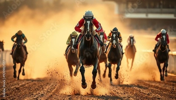 Fototapeta Cross view of horses racing closely in the hippodrome.
