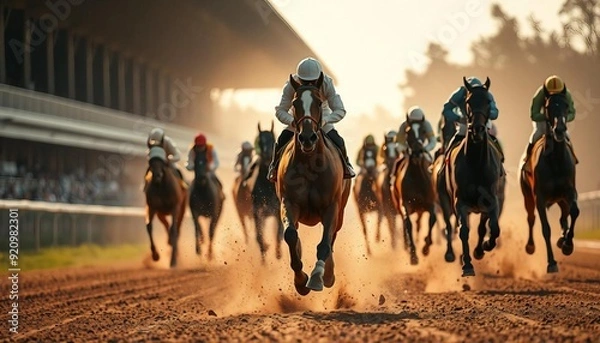 Fototapeta Cross view of horses racing closely in the hippodrome.