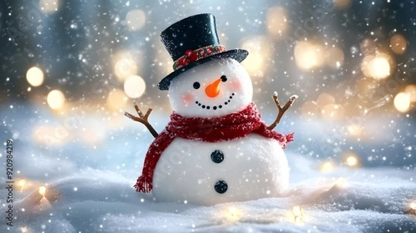 Fototapeta Cheerful snowman with red scarf and black hat in snowy winter wonderland with festive lights, creating a joyful holiday scene.