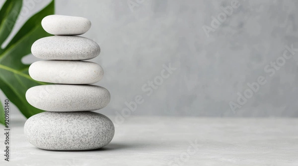 Fototapeta Minimalistic spa concept with stacked zen stones and green leaf on gray background, promoting relaxation and tranquility in a wellness setting.