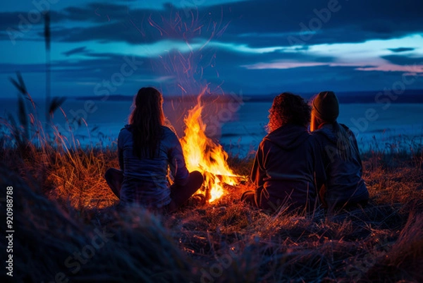 Obraz Three female tourists sitting by the fire near the camp on a blue night. Rear view of people against the backdrop of a bright bonfire