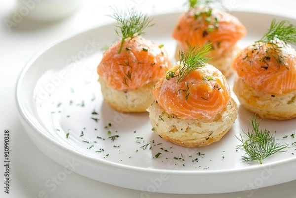Fototapeta Elegant salmon profiterole garnished with dill on a minimalist white plate, ideal for gourmet finger food concept - generative ai