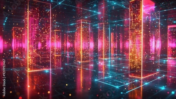 Fototapeta A vibrant digital landscape with glowing pillars and colorful particles creating a futuristic atmosphere.