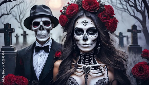 Obraz portrait couple gothique Halloween La Katrina with red flowers and skeleton, and a cemetery with a tombstone in the background, in shades of gray
