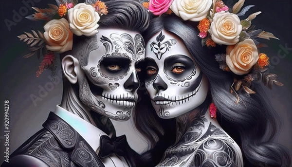 Obraz 
Halloween Gothic couple portrait skeleton, La Katrina with flowers and tattoo
