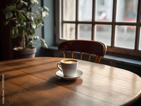 Fototapeta A hot coffee mug sits on the warm table
